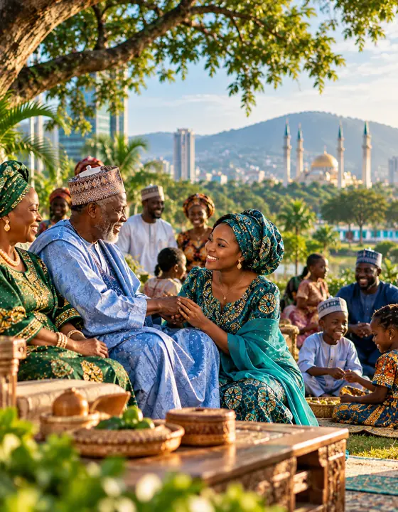 Three generations of a family talking under a tree, with the city and the National Mosque in the distance
