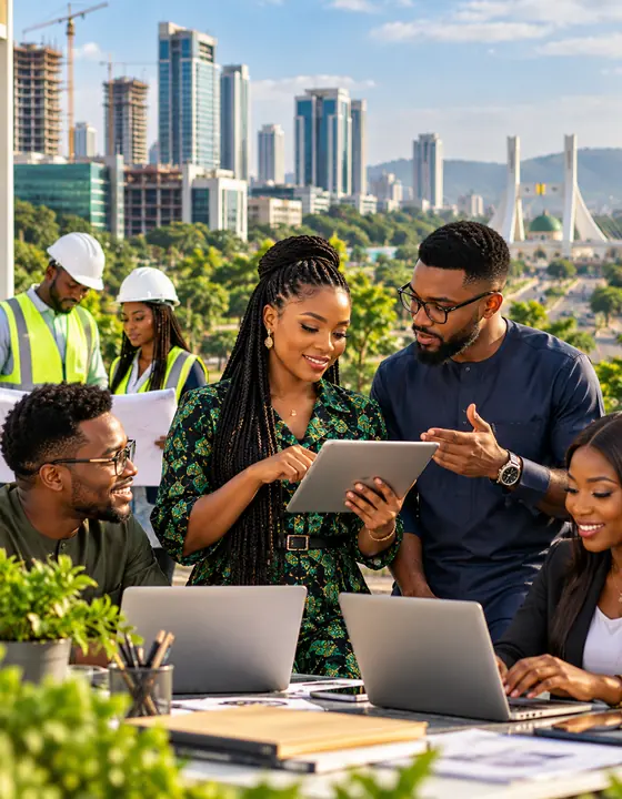 A young team working over laptops and a tablet on a rooftop, with the Abuja skyline and construction cranes behind