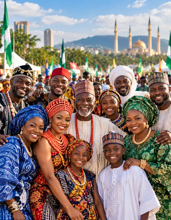 A large group in dress from across Nigeria, smiling together with the national flags and Abuja behind them