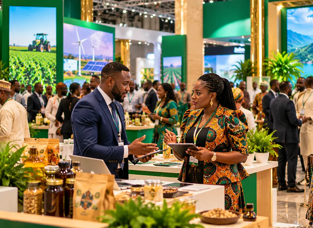 Two exhibitors talking across a stand on the ATTCE trade floor, surrounded by Nigerian produce and textiles