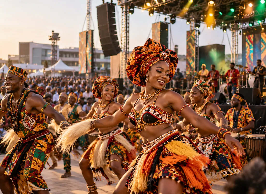 Dancers in full carnival dress performing before a crowd at sunset, with drummers and a stage behind them